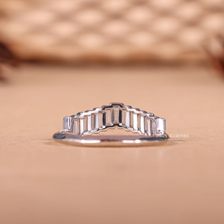 Baguette diamond band stacked with engagement ring