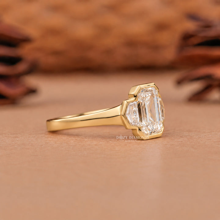 2.0CT Emerald Cut E/VS2 Lab Grown Diamond Art Deco Bezel Three Stone Engagement Ring