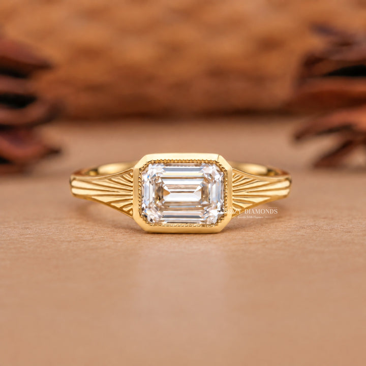 2.0CT East West Emerald Cut F/VVS2 Lab Grown Diamond Bezel Set Engagement Ring