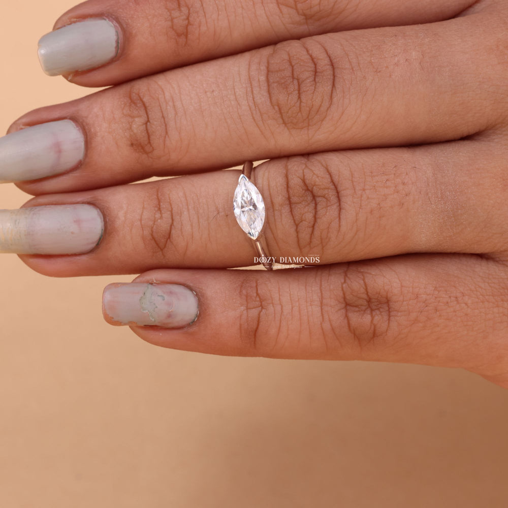 Macro shot of marquise cut diamond facets in east west ring setting
