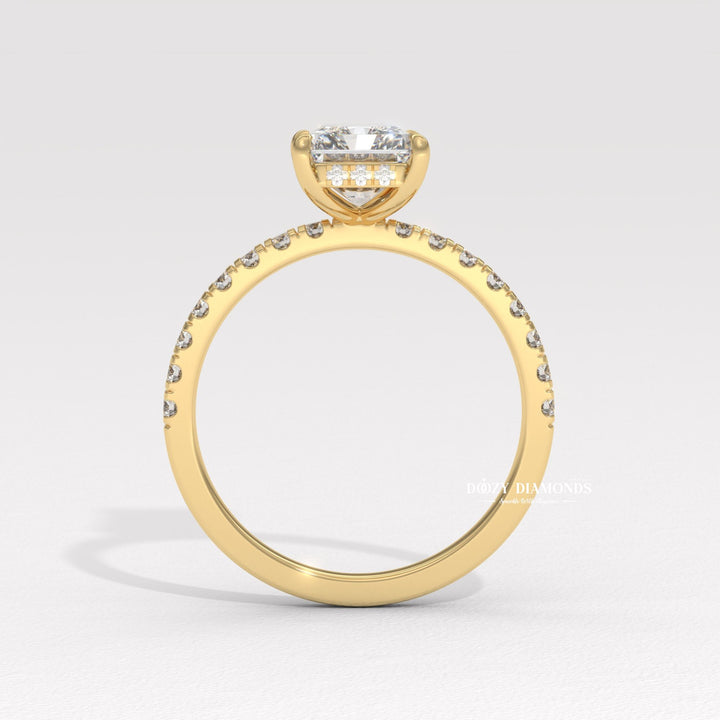 Radiant hidden halo diamond ring displayed on jewelry stand