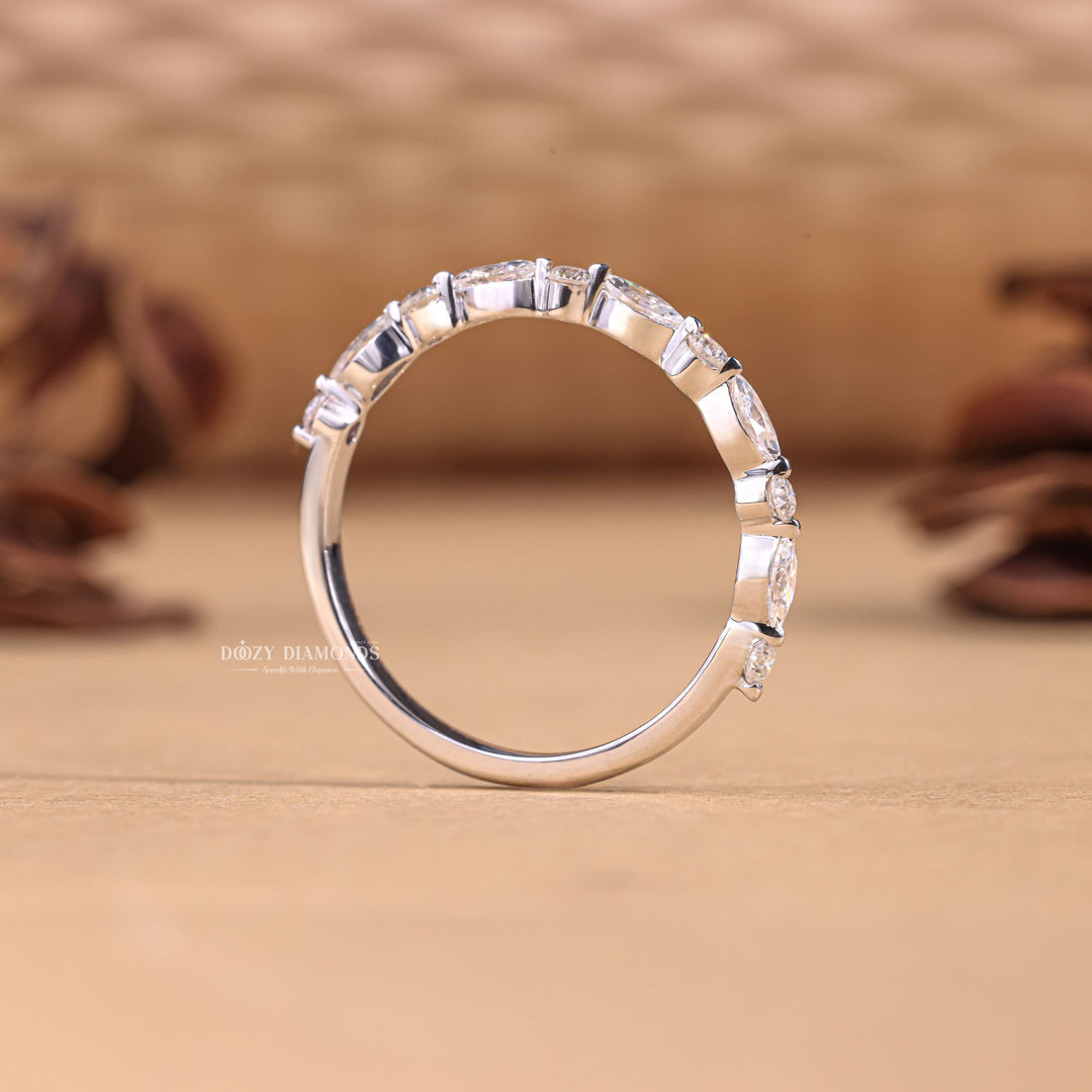 Round Marquise diamond band stacked with engagement ring