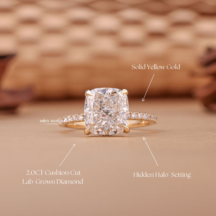 Cushion hidden halo diamond engagement ring available in multiple metals