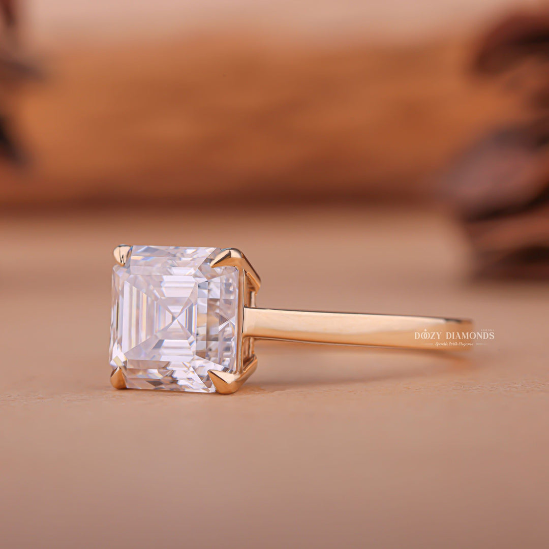 Asscher solitaire lab grown diamond ring fitted on finger