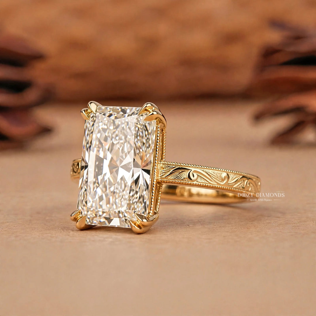 2.0CT Radiant E/VVS2 Lab Grown Diamond Engagement Ring, Engraved Vintage Gold Band
