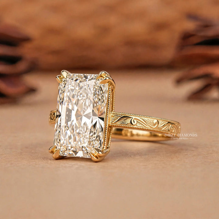 2.0CT Radiant E/VVS2 Lab Grown Diamond Engagement Ring, Engraved Vintage Gold Band