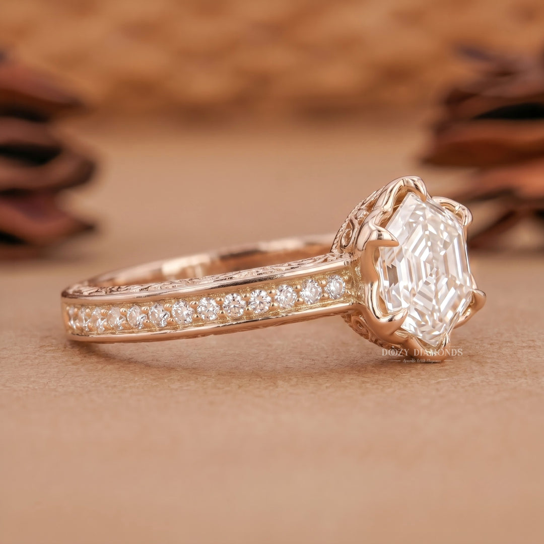2.0CT Hexagonal E/VVS1 Lab Grown Diamond Floral Halo Engagement Ring