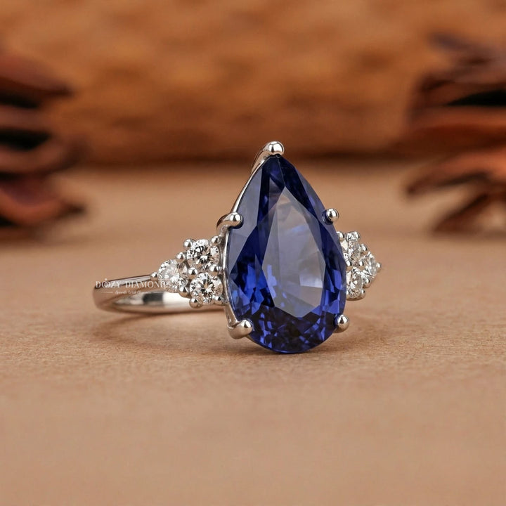 2.0CT Pear Blue Sapphire Ring Lab Grown Diamond Accents White Gold
