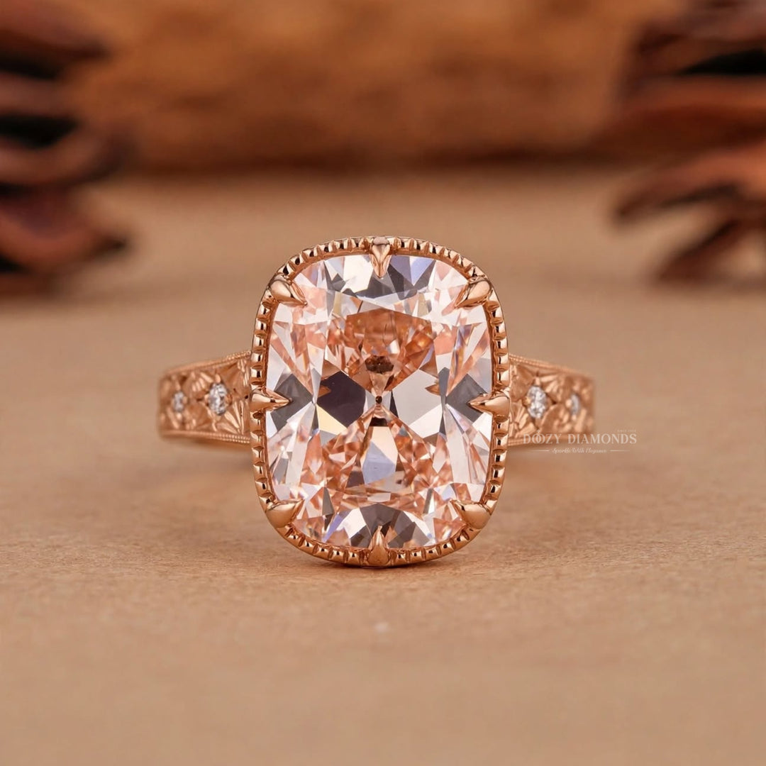 3.0CT Oldmine Elongated Cushion Pink Engraved Style Vintage Engagement Rings