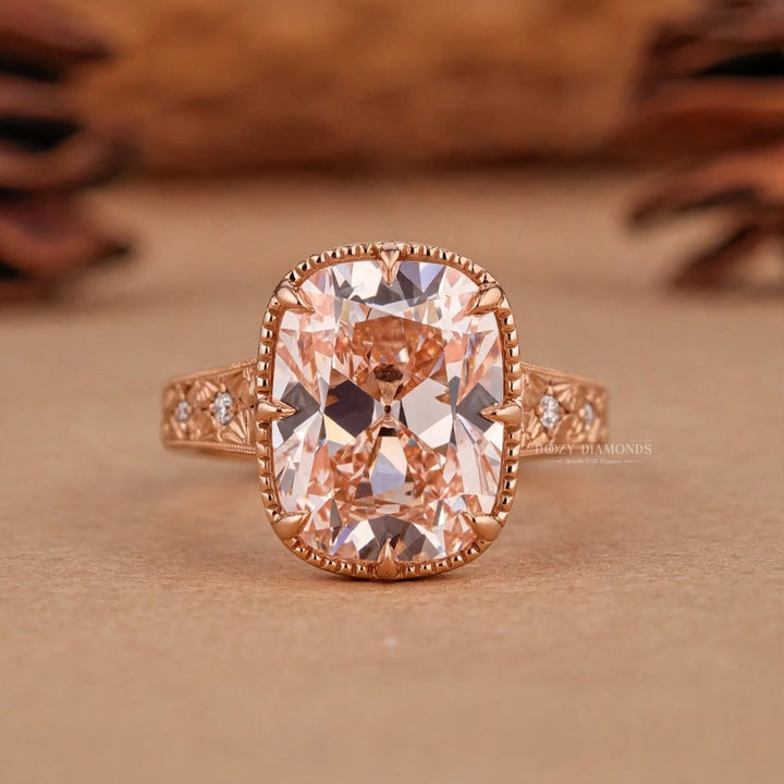 3.0CT Oldmine Elongated Cushion Pink Engraved Style Vintage Engagement Rings