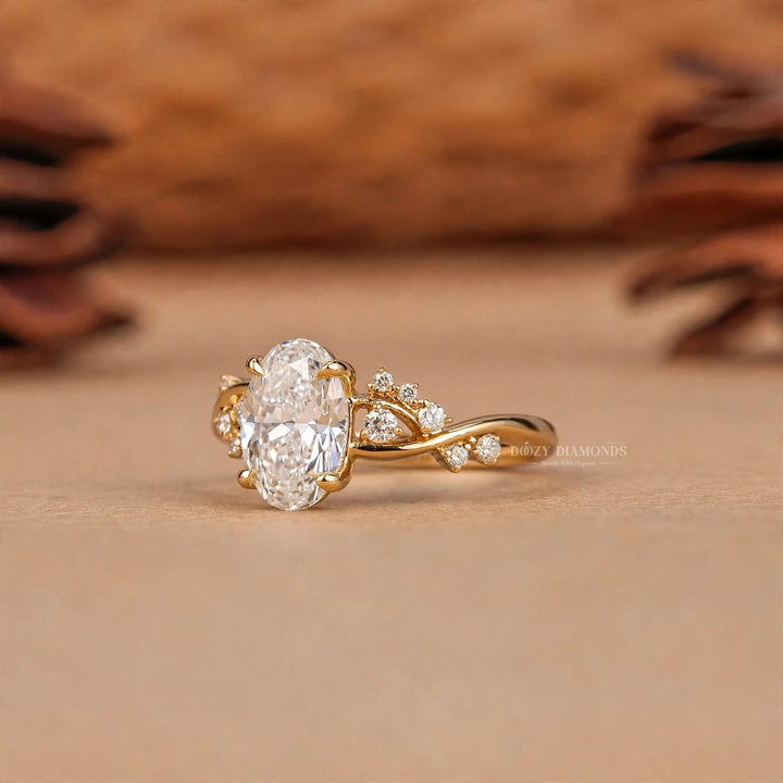 2.50CT Oval F/VVS2 Cluster Diamond Lab Grown Ring, Twisted Vine Band with Accents