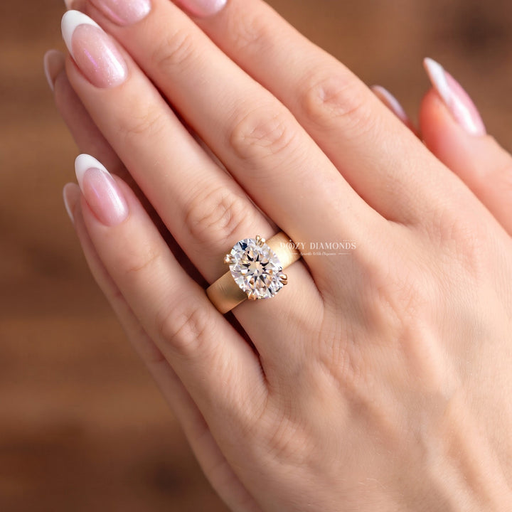 3.0CT Oval E/VS1 Lab Grown Solitaire Ring, Wide Brushed Gold Band