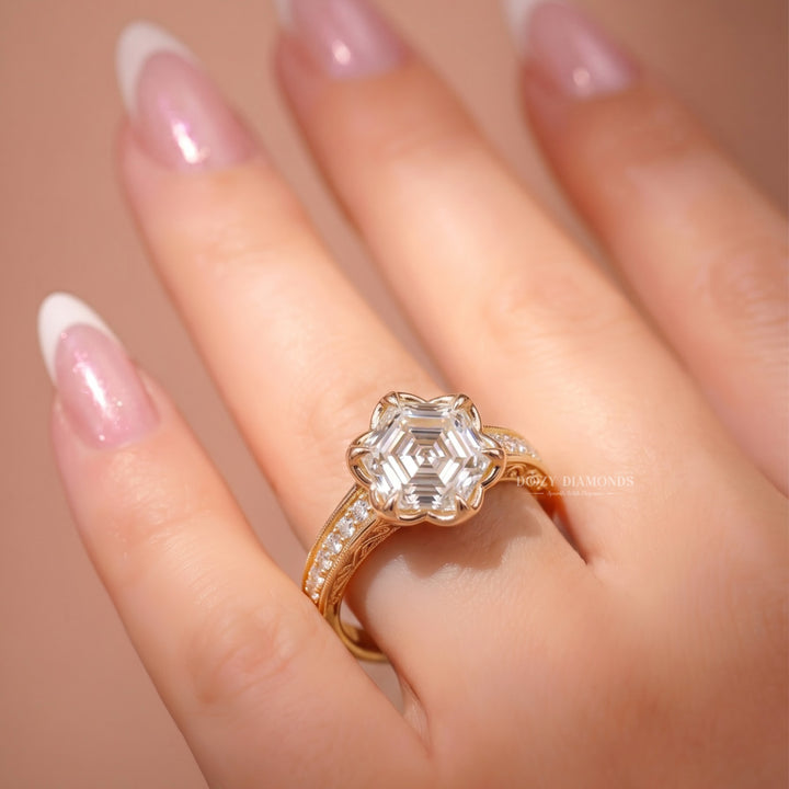2.0CT Hexagonal E/VVS1 Lab Grown Diamond Floral Halo Engagement Ring