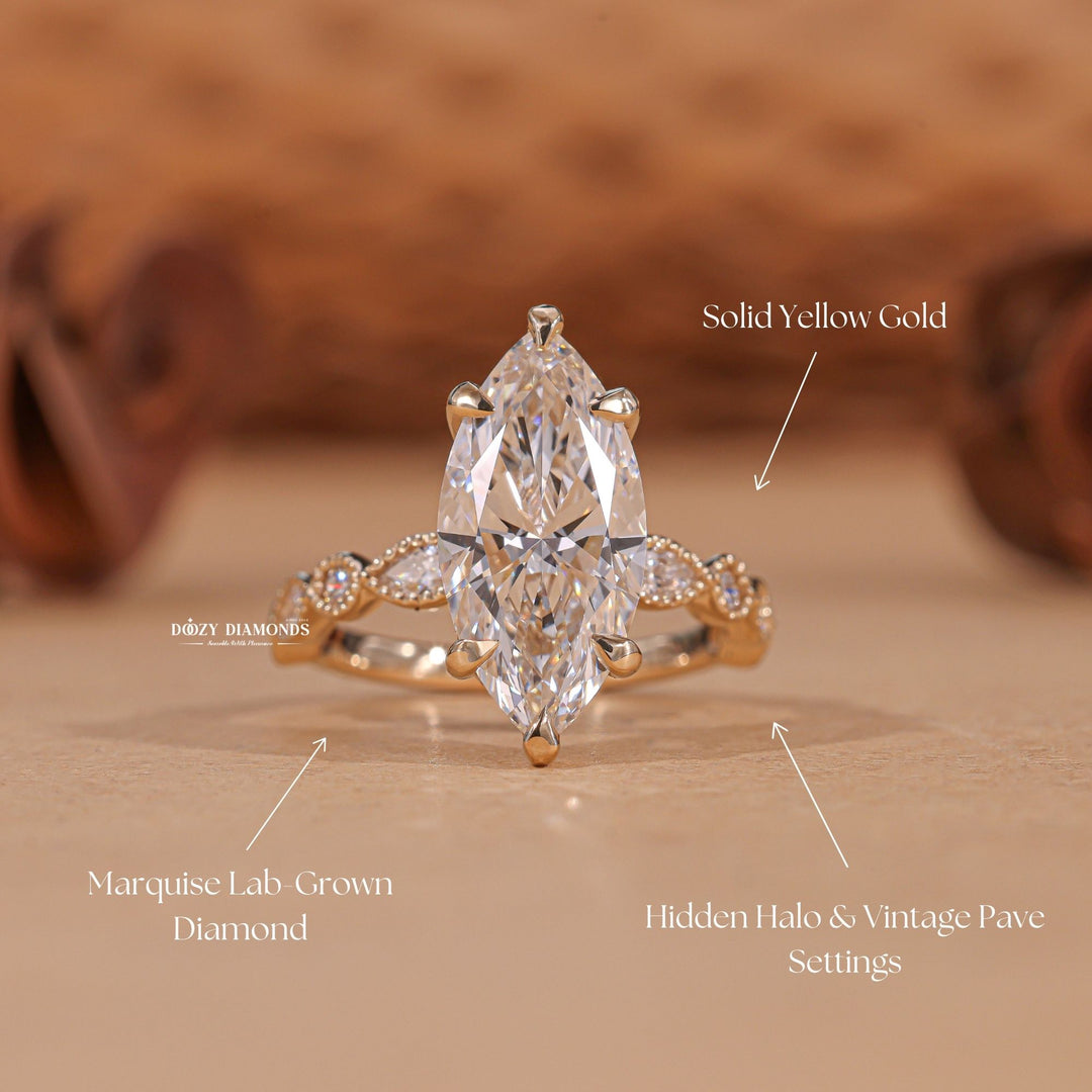 Detailed close-up of marquise vintage diamond engagement ring