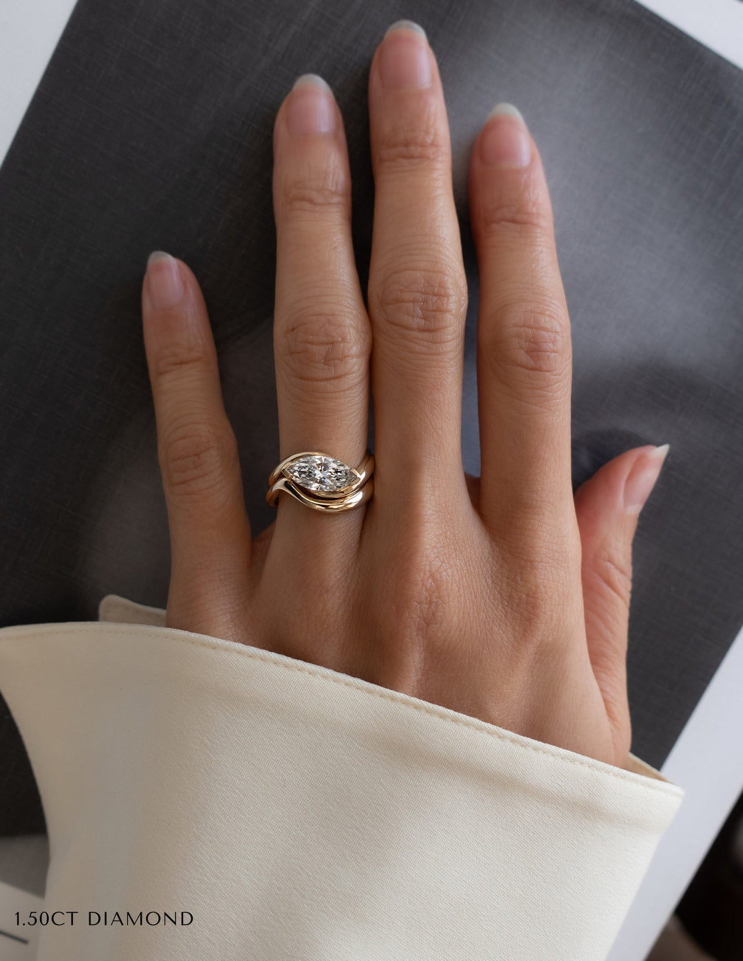 1.50CT East West Marquise Half Bezel Lab Grown Diamond Ring Set Yellow Gold