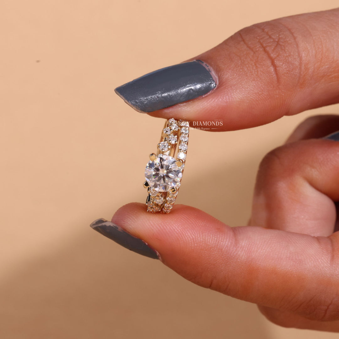 1.0CT Round Cut EF - VS2 Lab Grown Cluster Engagement Ring with Stacking Band - Doozy Diamonds