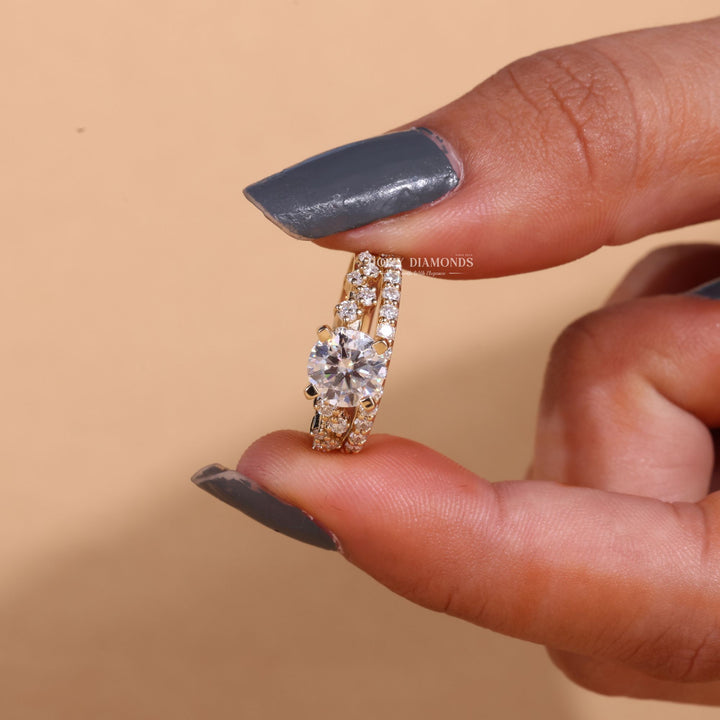 1.0CT Round Cut EF - VS2 Lab Grown Cluster Engagement Ring with Stacking Band - Doozy Diamonds
