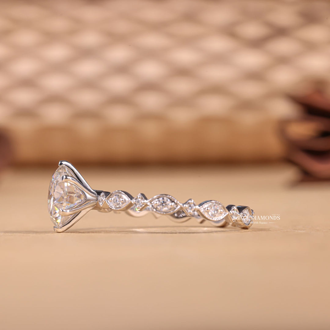 Round pave lab grown diamond ring fitted on finger