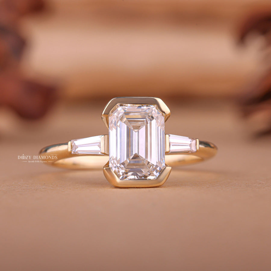 Buy 2.0CT emerald three stone lab grown diamond engagement ring online