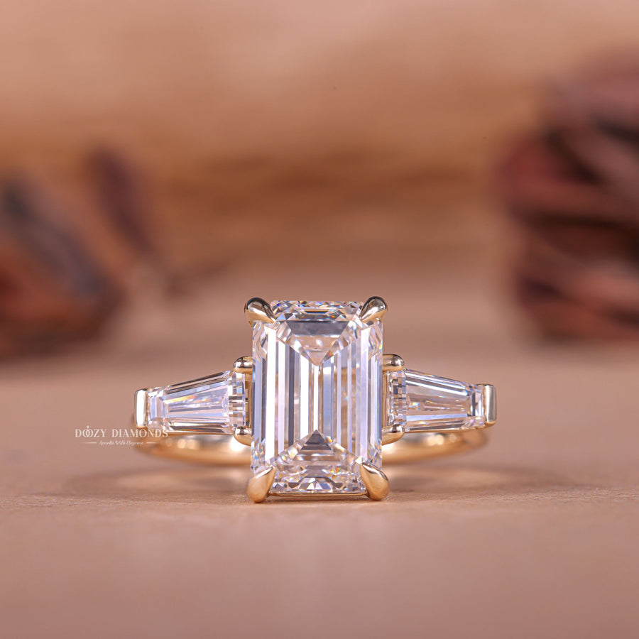 Buy 2.0CT emerald three stone lab grown diamond engagement ring online