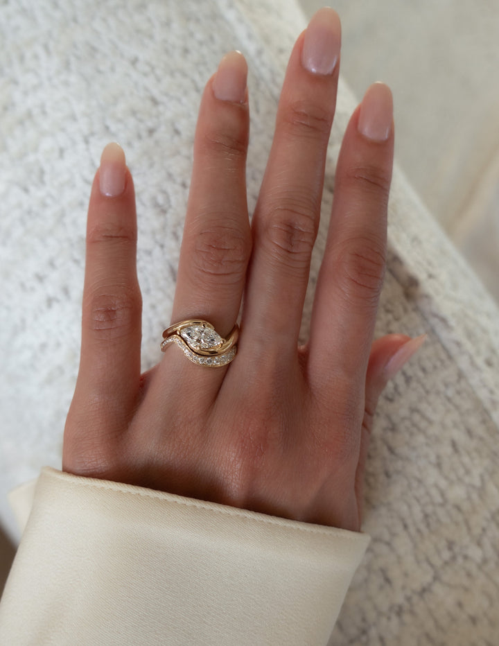 1.50CT Marquise Lab Grown Diamond Bridal Ring Stack Yellow Gold Pave Swirl Setting