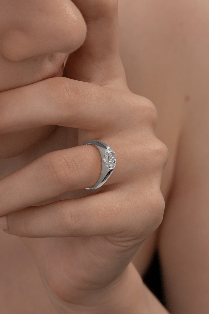 Top-down view of oval cut east west engagement ring