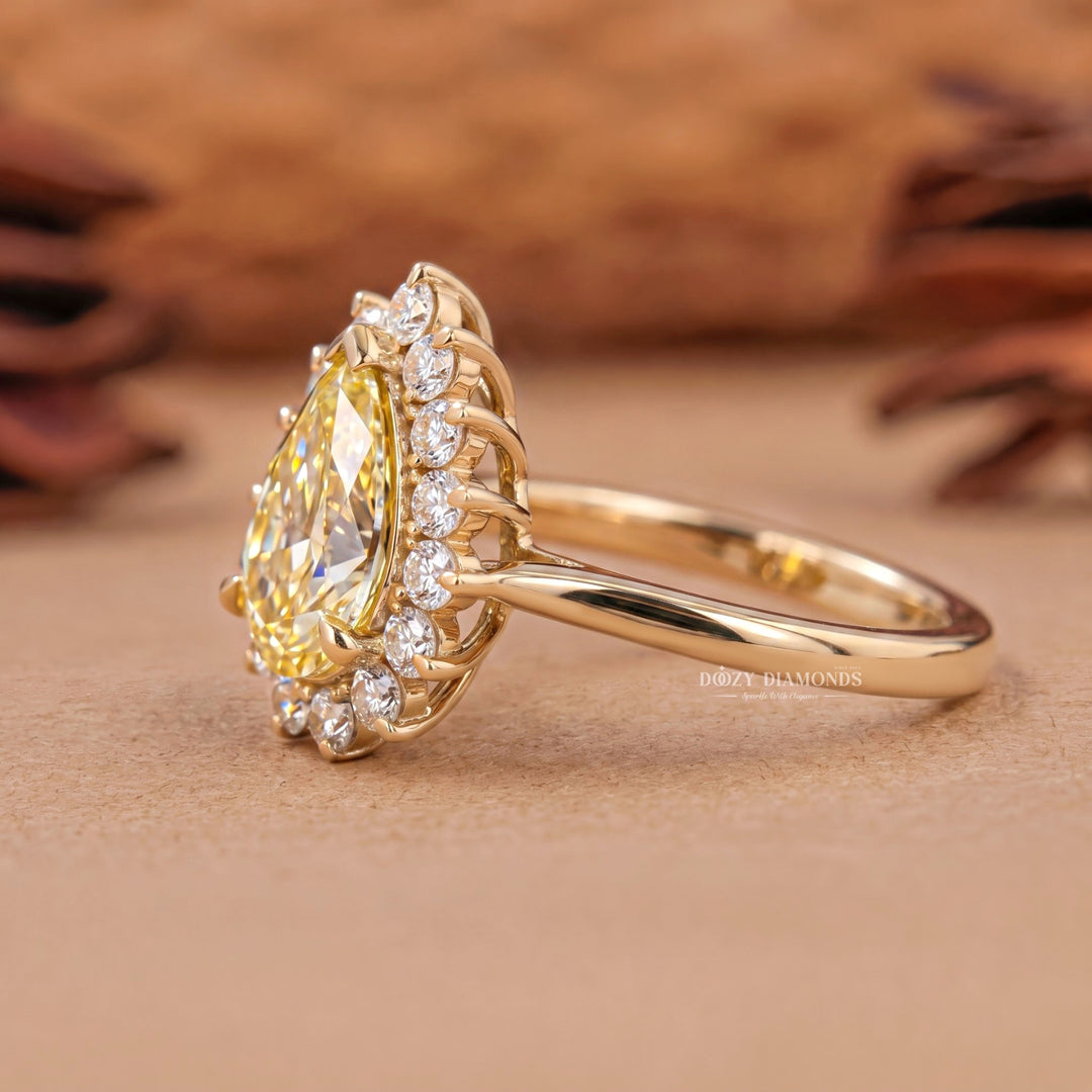 1.50CT Pear Yellow Lab Grown Diamond Halo Engagement Ring For Women
