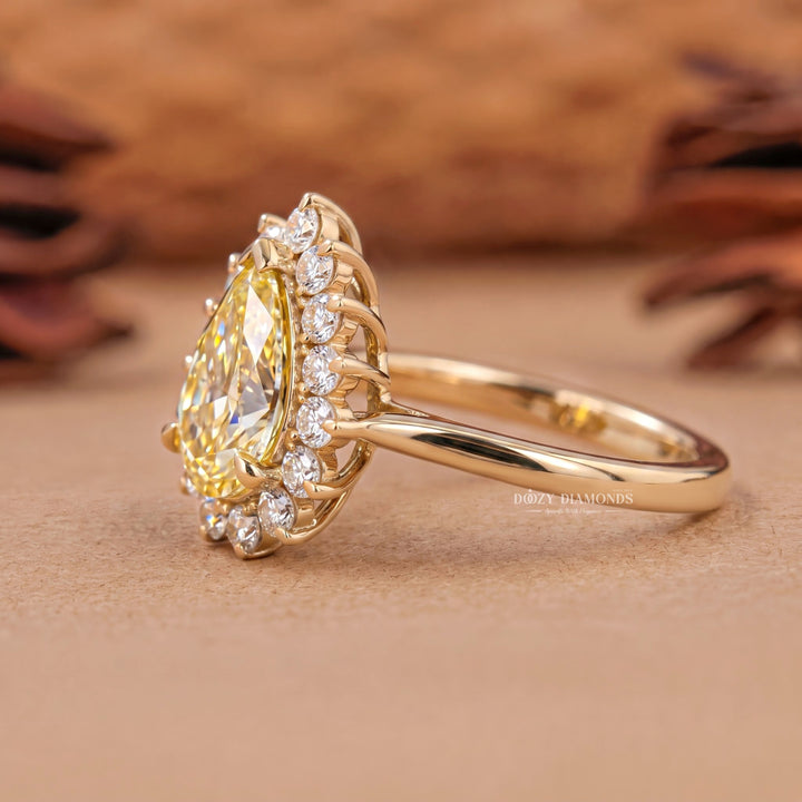 1.50CT Pear Yellow Lab Grown Diamond Halo Engagement Ring For Women