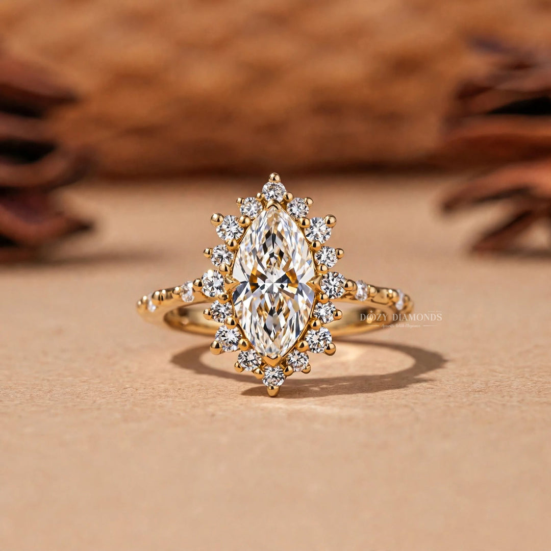 2.0CT Marquise E/VVS2 Lab Grown Diamond Engagement Ring Double Row Gold Pave
