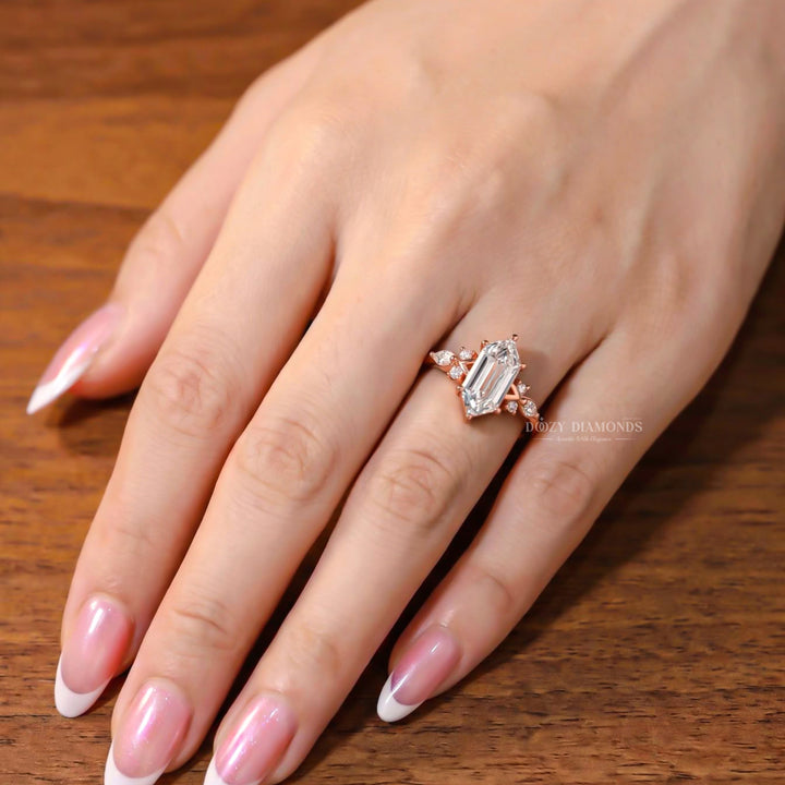 2.50CT Hexagon Shield F/VVS1 Lab Grown Diamond Engagement Ring, Cluster Rose Gold