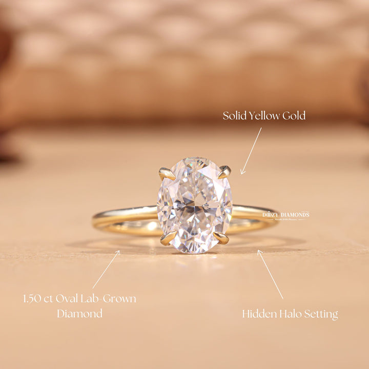Handcrafted oval cut hidden halo lab grown diamond engagement ring