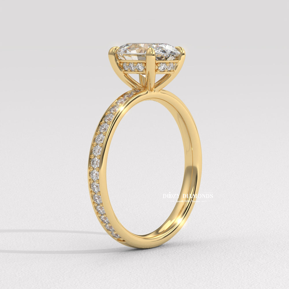 Oval solitaire engagement ring close-up highlighting diamond sparkle