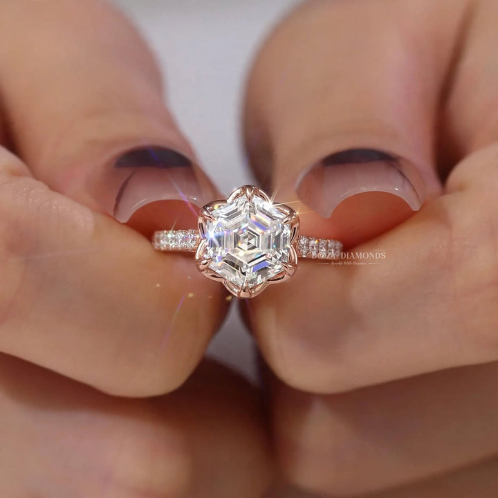 2.0CT Hexagonal E/VVS1 Lab Grown Diamond Floral Halo Engagement Ring