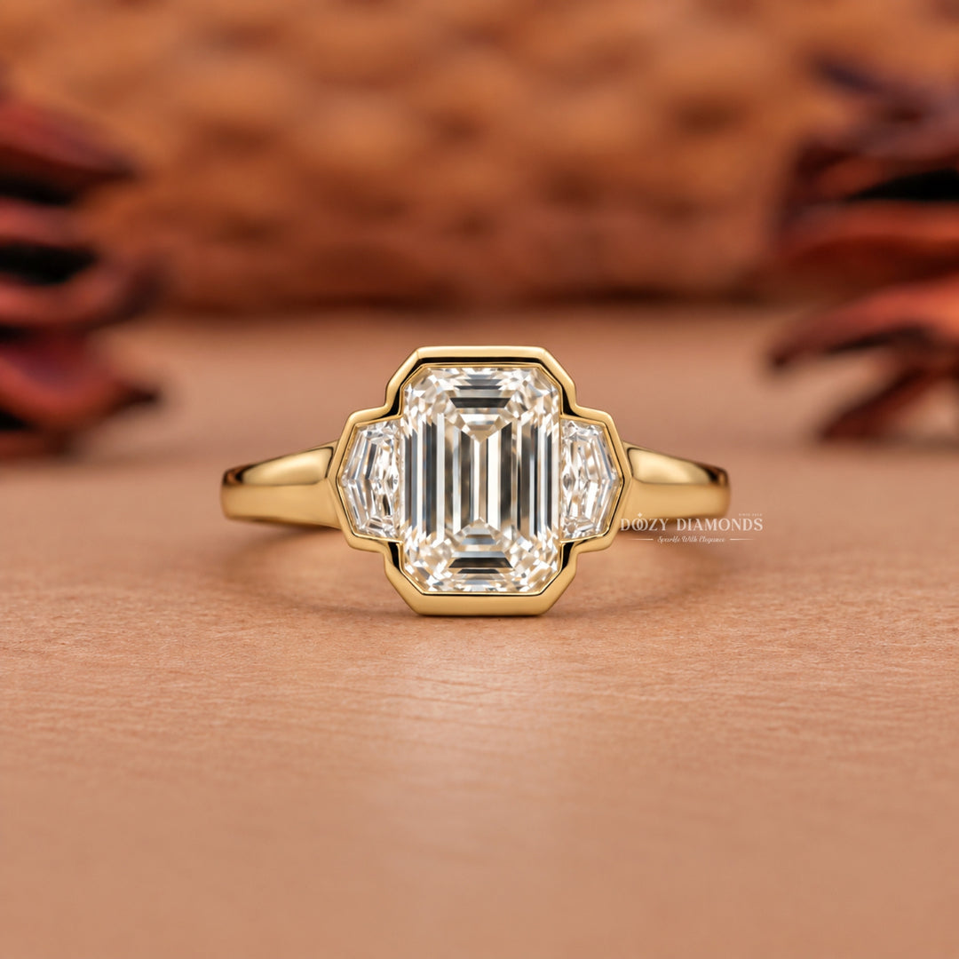 2.0CT Emerald Cut E/VS2 Lab Grown Diamond Art Deco Bezel Three Stone Engagement Ring