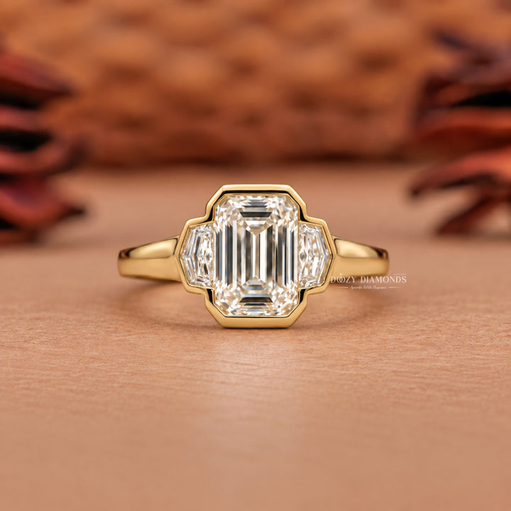 2.0CT Emerald Cut E/VS2 Lab Grown Diamond Art Deco Bezel Three Stone Engagement Ring