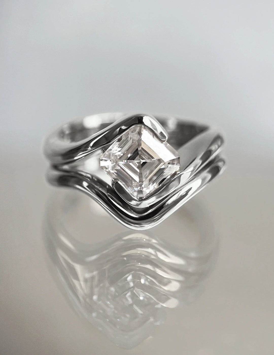 2.0CT Asscher F-VS1 Lab Grown Diamond Bypass Wedding Ring With Curved Band