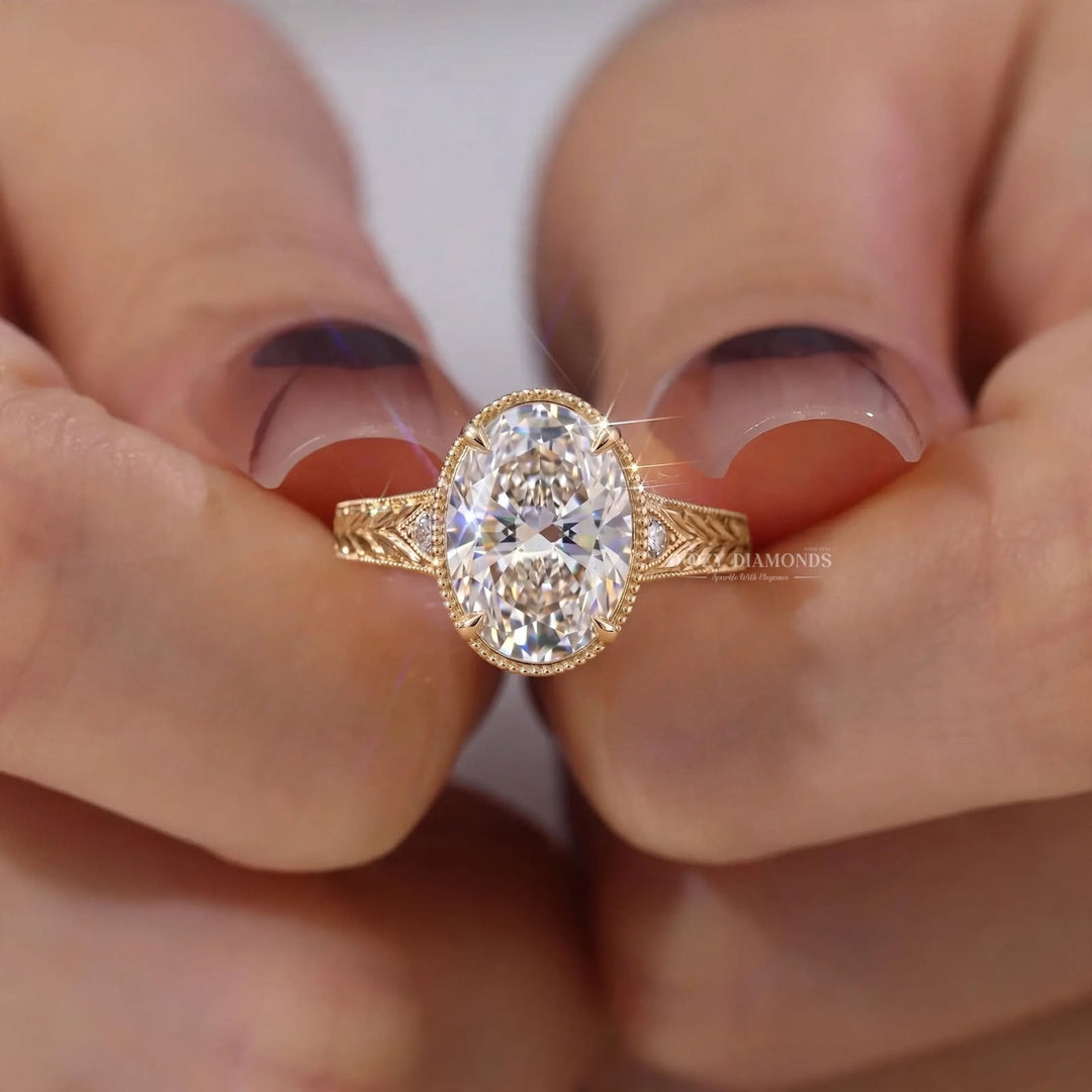 2.50CT Ova Vintage Nature Inspired E/VS1 Gold Engagement Ring with Leaf Detailing