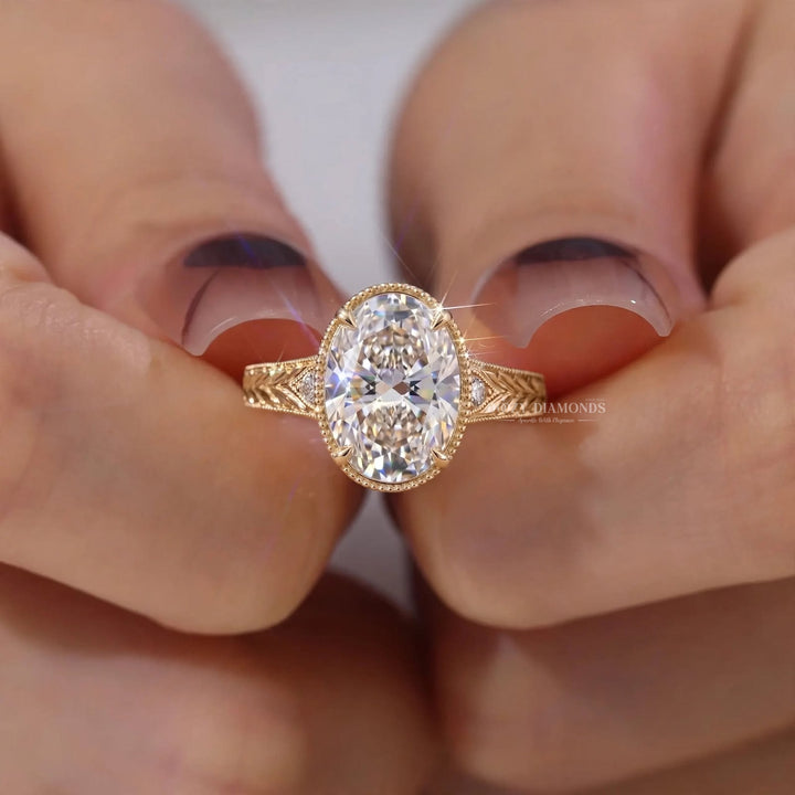 2.50CT Ova Vintage Nature Inspired E/VS1 Gold Engagement Ring with Leaf Detailing