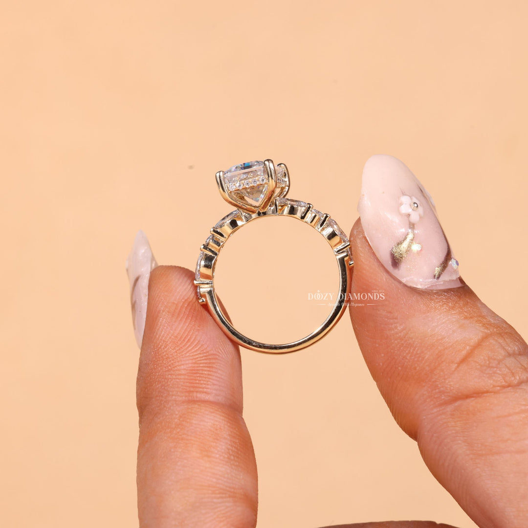 Radiant cut engagement ring side view showing band detail