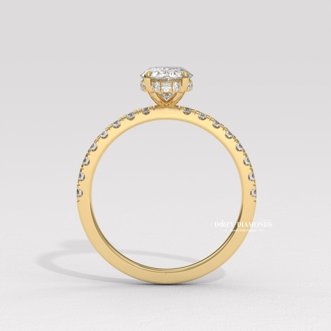 Handcrafted oval cut hidden halo lab grown diamond engagement ring