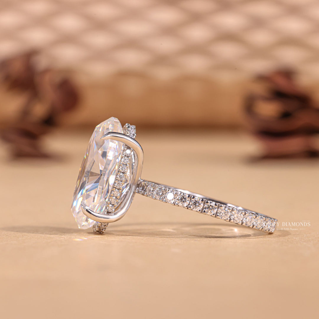 Handcrafted oval cut hidden halo lab grown diamond engagement ring