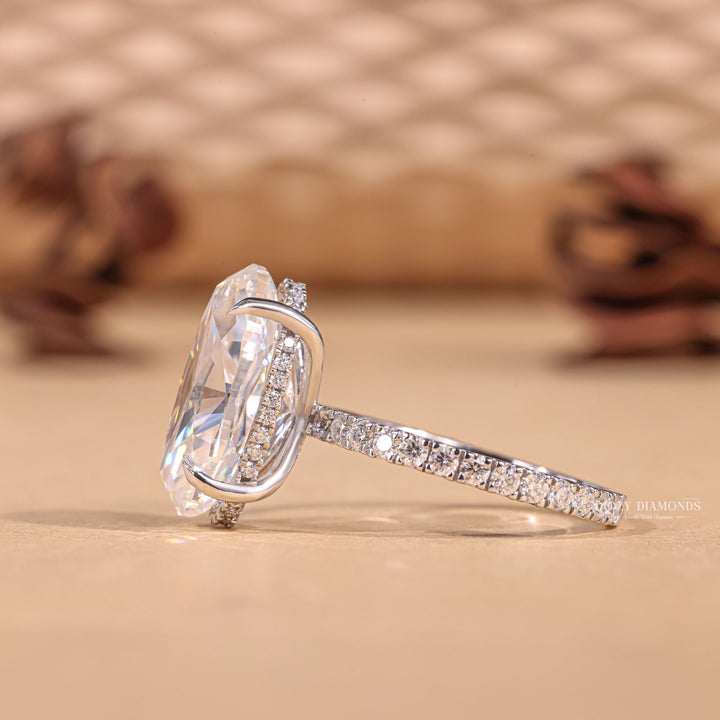 Handcrafted oval cut hidden halo lab grown diamond engagement ring