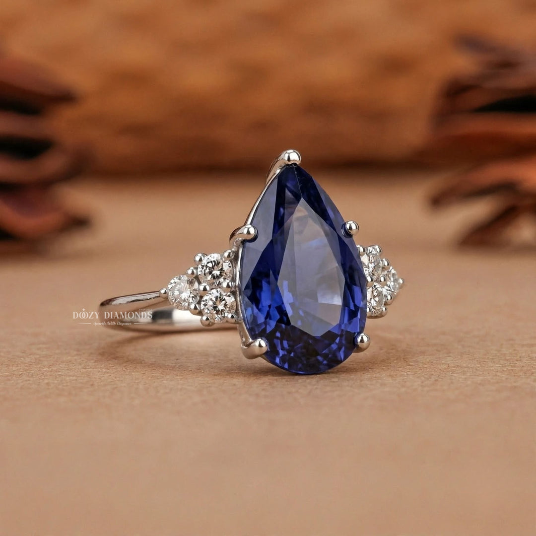 2.0CT Pear Blue Sapphire Ring Lab Grown Diamond Accents White Gold