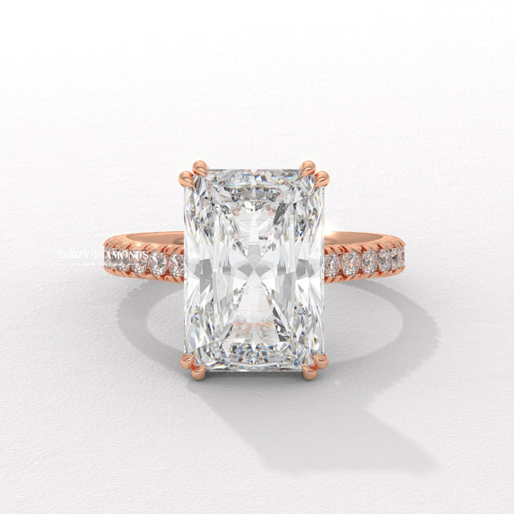 Side angle of radiant solitaire diamond engagement ring