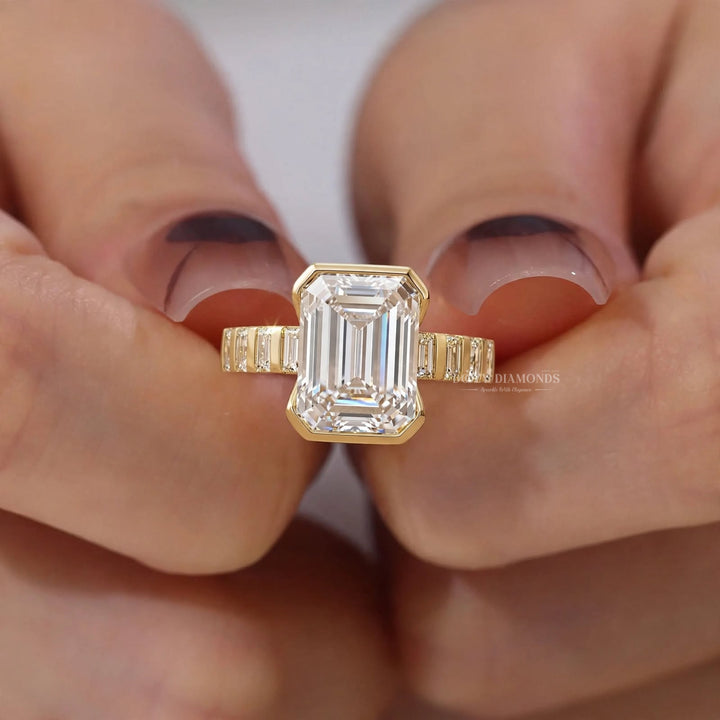 IGI Certified 2.50CT Emerald Cut Bezel Cut Lab Grown Diamond Engagement Ring