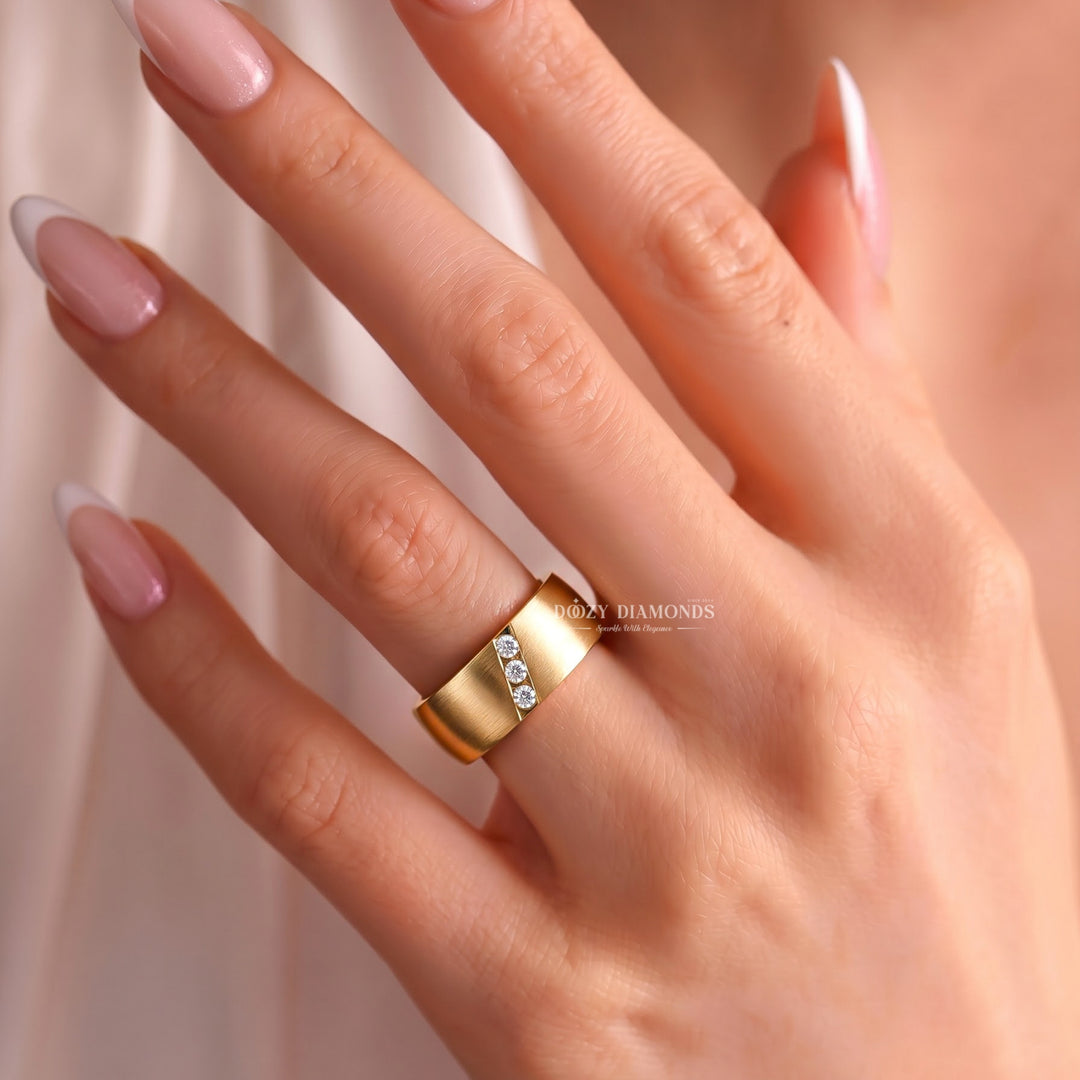 Men's Brushed Gold Wedding Band, Diagonal Lab Grown Trio