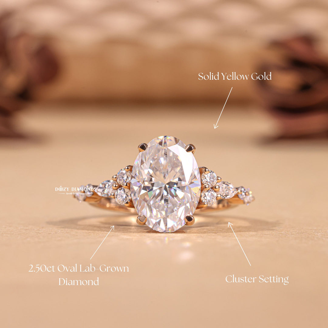 Detailed close-up of oval cluster diamond engagement ring