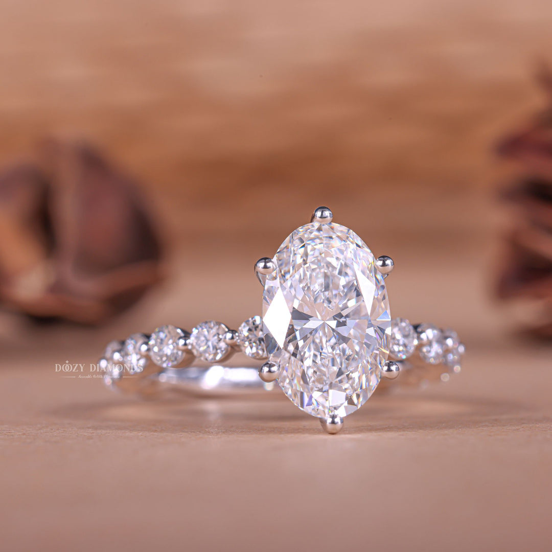 Oval pave lab grown diamond ring side profile in gold setting