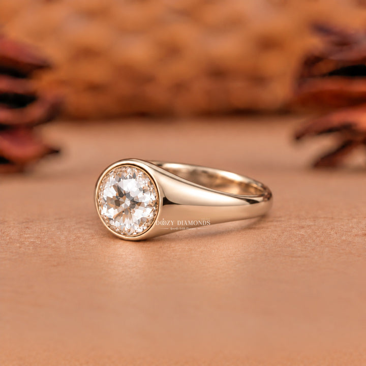 2.0CT Round Rose Cut Style Lab Grown Diamond Bezel Set Signet Ring in Rose Gold