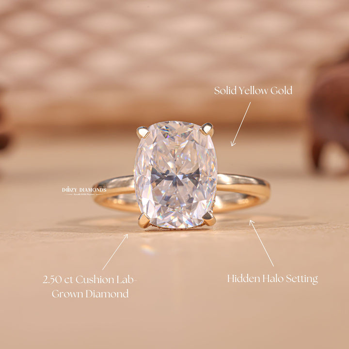 Certified cushion cut diamond featured in hidden halo engagement ring